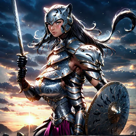 A fierce female jaguar warrior, wearing armored battle dress, standing on a platform, on a battlefield, holding a sword and shield, (best quality,4k,8k,highres,masterpiece:1.2),ultra-detailed,(realistic,photorealistic,photo-realistic:1.37),cinematic lighti...