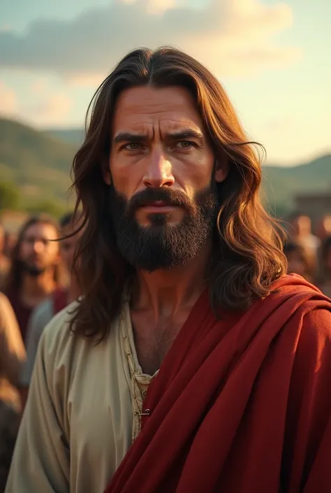 " creating a contrast between the earthly plane and the heavenly ,  with richness of detail and high resolution .  A hyperrealistic image of Jesus Christ in a biblical setting : , eyes full of compassion,  long brown hair with a slight wavy , and well-groo...