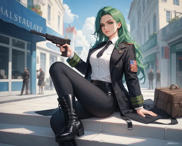 A woman. She 30 years old. Amilitary soldier. She have cold expression. She wearin white shirt,black pants,long boots,long,black coat and black tie. She holding a gun. She have straight,BLACK,long hair and green eyes. She is tall