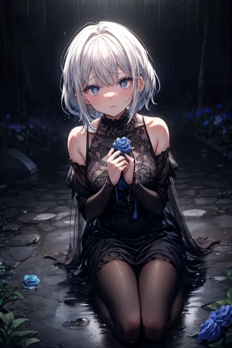 masterpiece, best quality, high resolution, 1 girl has short white hair, sapphire blue eyes. wearing a black dress. She is sitting in a "seiza-like" position with both knees inward and touching the ground. Her pose is completely collapsed and weak. (Her ri...