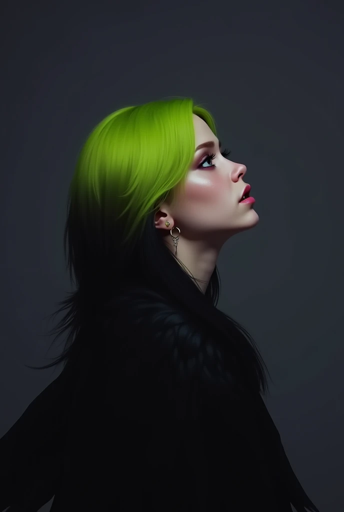  Realistic image girl with left profile , long green hair black tips ,  Artistic Nude, Billie Eilish photo studio background with black wings 