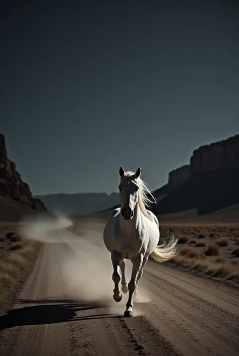 Photographie de nuit dun paysage dans le desert Californien avec un cheval blanc sur la route qui galope dans la poussiere sans personnage et avec un ciel gris 