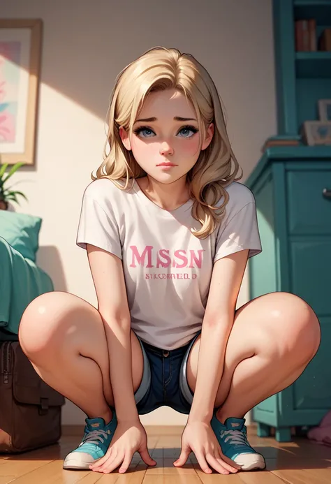 handsome, cute, , beautiful cute face, shy, blond hair, (((age s))), thin, short, squatting in the room, hands on knees, legs apart, wearing shorts and a T-shirt ,