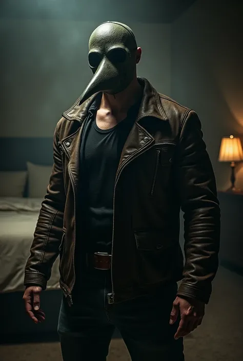 A man in a leather jacket , muscular,  with a plague doctor mask in a dark bedroom