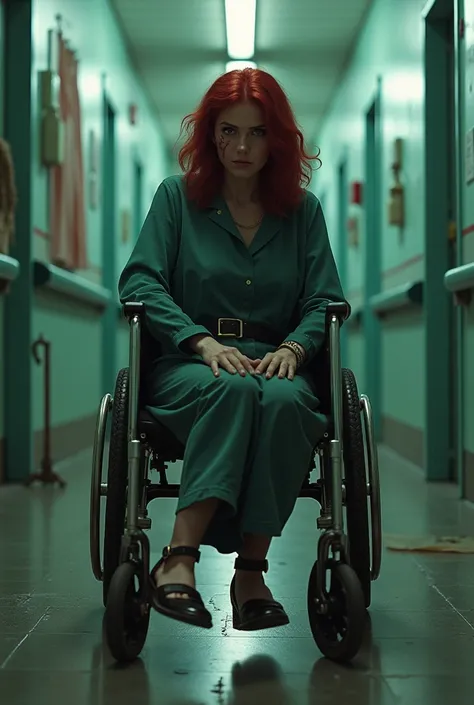  Woman with dark red hair, in a wheelchair , without a leg, face with scar,  stuck in a mental institution , 80s style  