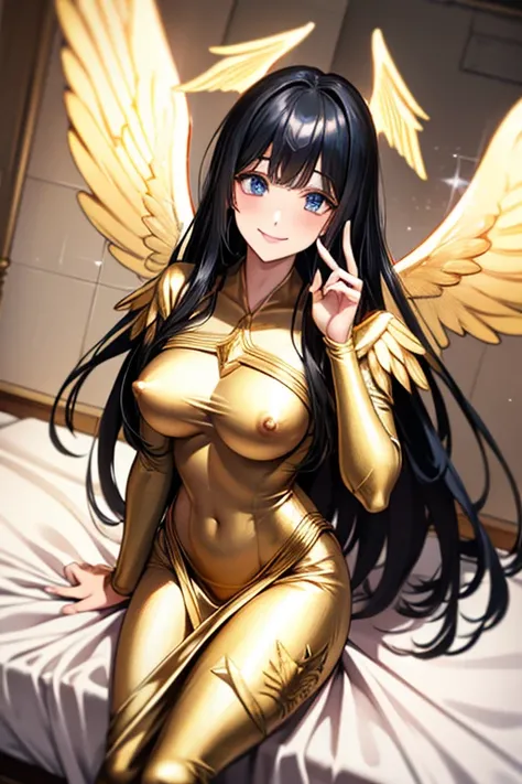 YUJU, GFRIEND, KPOP, (black hair1.5), blue eyes, nipples, looking at viewer, smile, big breasts, bed room, ((gold angel wings)) , pink ribbon, ribbon, angel wings, ophanimon, asymmetrical clothes, mutilple wings