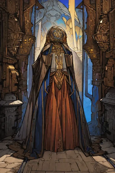 In a world far away in an ancient abandoned temple there is a priestess waiting at the temple gates. She wears a strange garment with a coat of various colors, a large amber necklace, a wooden mask, a long skirt made of metal. 