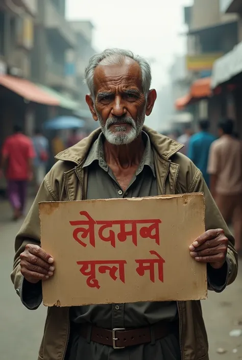 An old man holding a placard written on " সাহায্য কর আমাকে"