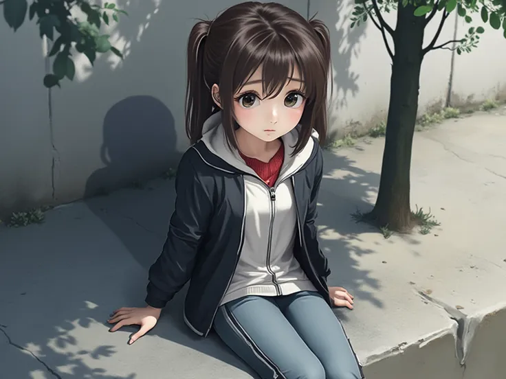 An anime girl is sitting on a rock ledge and looking at the viewer. The girl has dark brown hair that is tied in two pony tails that are straightening at the top. She is wearing a black long-sleeved jacket with a white zippered sweatshirt that has a gray s...