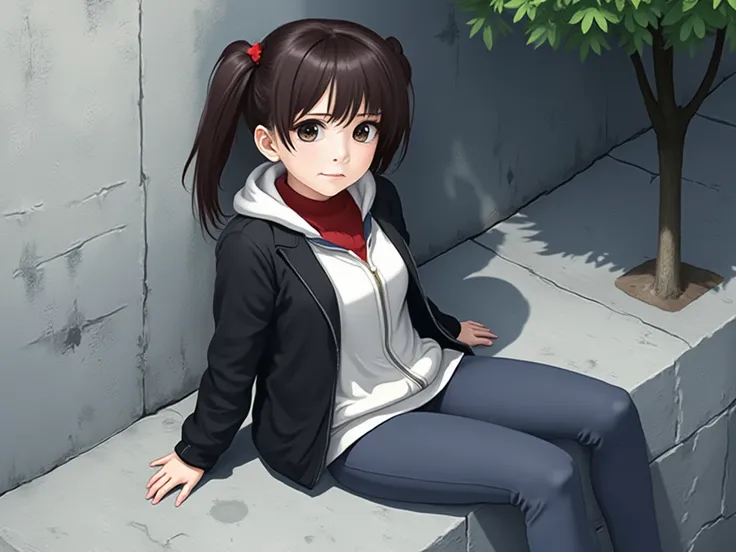 An anime girl is sitting on a rock ledge and looking at the viewer. The girl has dark brown hair that is tied in two pony tails that are straightening at the top. She is wearing a black long-sleeved jacket with a white zippered sweatshirt that has a gray s...