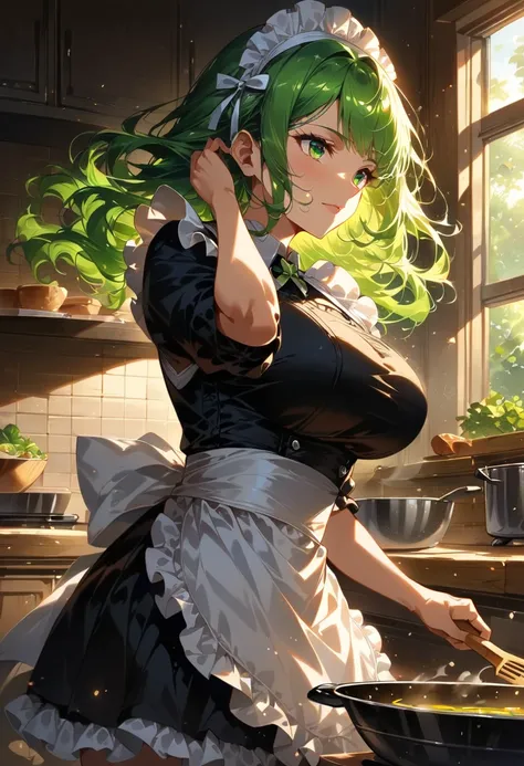 masterpiece, best quality, ultra-detailed, 4k quality, ultra HD, hyper-detailed, photorealistic lighting, intricate textures, cinematic shading, dynamic composition, anime style, vibrant colors, soft lighting, high contrast, 1girl, green hair, shoulder-len...