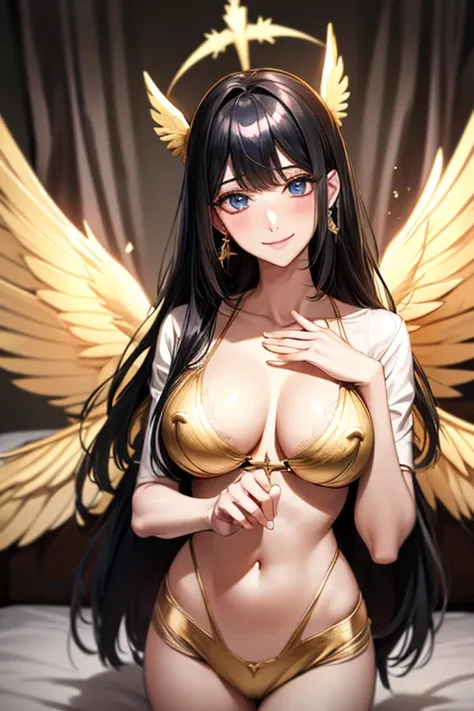 YUJU, GFRIEND, KPOP, (black hair1.5), blue eyes, nipples, looking at viewer, smile, big breasts, bed room, ((gold angel wings)) , pink ribbon, ribbon, angel wings, ophanimon, asymmetrical clothes, mutilple wings, lingerie, bra