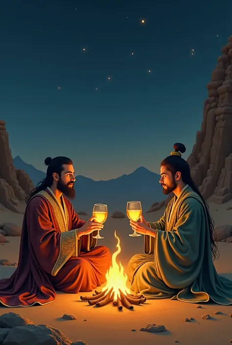   The costumes of two people are fighting in ancient times，And drinking with luminous glasses  