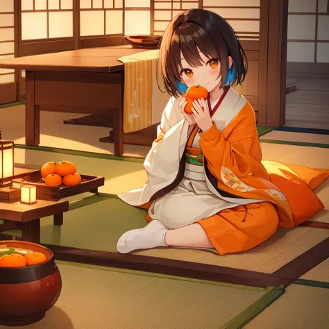 A beautiful girl, sitting comfortably in a kotatsu, eating a mandarin orange, warm and cozy atmosphere, traditional Japanese room, short hair, wearing a casual sweater, soft lighting, relaxed expression, fluffy socks, wooden floor, winter vibes, sunlight s...