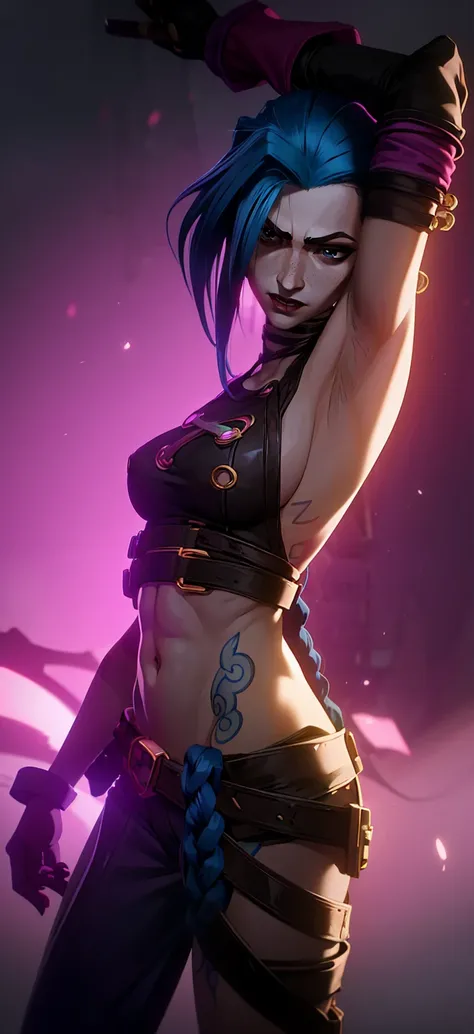 Jinxs character design, sexypose, Erotica, bare breast, teats, Beautiful figure, butt, kitty, Arcanes Jinx, glowing eyes, Pink glowing eyes, hairlong, hairsh, braided into long braids, Pigtails hang below the knee, Hair color changes from bright blue to na...