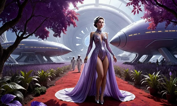 a cute woman, alien princess, age 22, airy sheer alabaster gown no underwear, alabaster slippers, slight purple tint to skin, deep violet eyes, cautiously approaching earth rocket (silver suited astronauts inspect the ship and set up a field base), violet ...