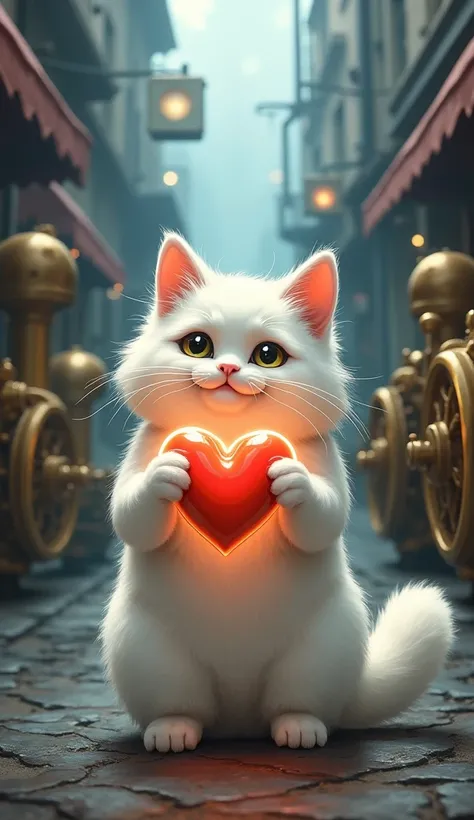 The illustration should show a cheerful, cat(white) holding a heart-shaped object in its paws, motion lines around the heart to indicate it beating fast. ((Realistic:1.3))、 Steampunk Streetscapes、A town stained with ash and soot 、 a group of machines made ...