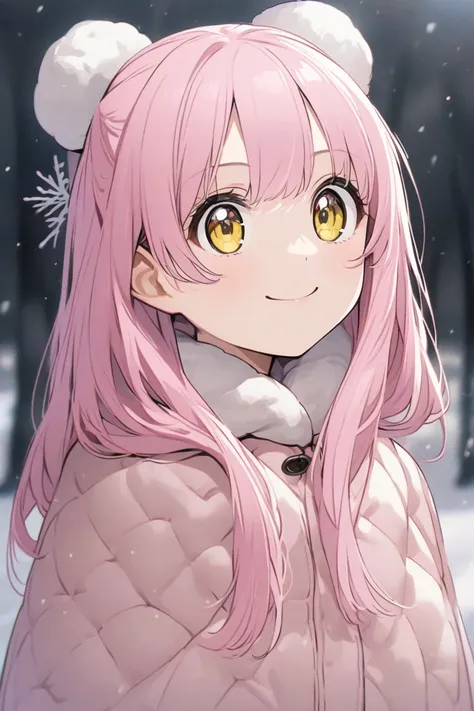 Smiling Girl、alone 、ギター, top quality,  long hair,  pink hair,  princess cut,yellow eyes ,The background is Simple White、Winter clothes、