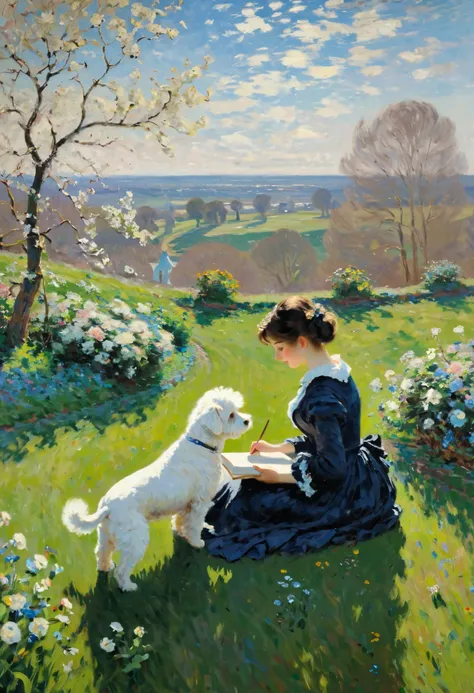 by Claude Monet   , spring,   to improve  , intricate, (   best quality   ,    masterpiece   , Representative work, official art,    Professional,    unit 8k wallpaper :1.3)   In the Distant Landscape     ,      a white Maltipoo dog with a beige ear   ,   ...