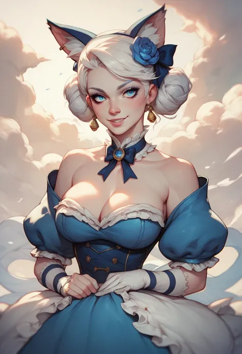  Create me beautiful with white hair with clouds and eyes as blue as the sky with a voluptuous body, with pale skin wearing a dress made of mists and an enigmatic smile ,  and she has the characteristics of the Cheshire Cat from the story Alice in Wonderla...