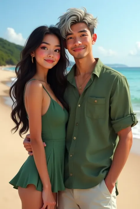 a real photo A couple - girl with long black wavy hair ,one dimple on left cheek ,22 years old , golden skin ,cute smile ,square shape clear beautiful cute face, black eyes ,short green frock ,long face and small lips in a beach  with a boy with grey colou...