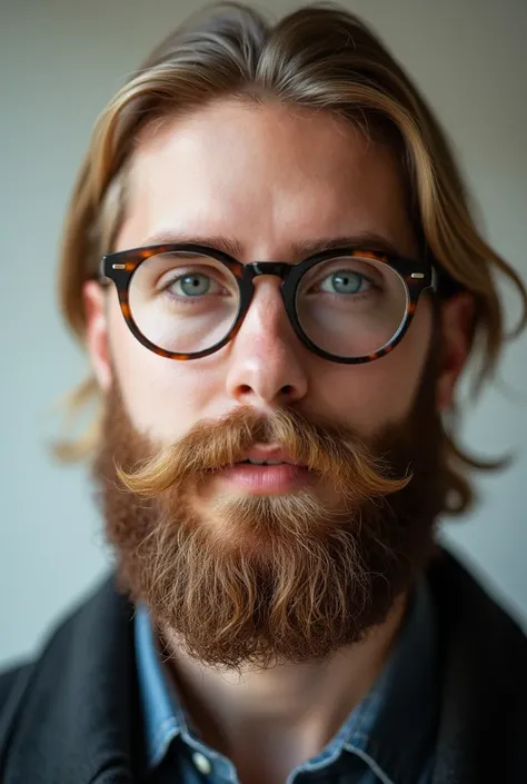  photo of a 26-year-old, medium and very full beard , blonde, Hair back, round glasses