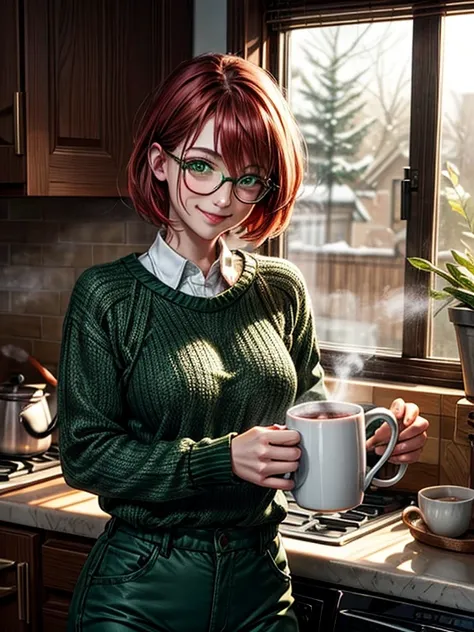 Short,  red hair ,  green eyes ,  metal-framed glasses , green knitted sweater, green pants,  smiling girl in the kitchen with a mug of steaming cocoa by a snowy window.