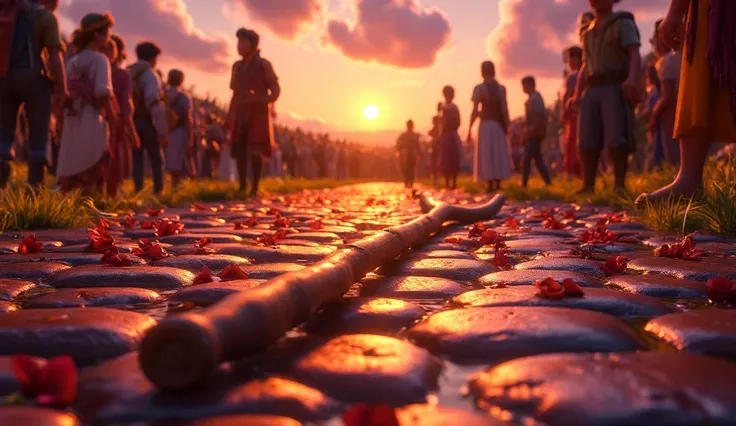 Cinematic realistic style, 4K, Disney Pixar Style, cartoon. A symbolic scene of Joshuas staff lying on the ground, surrounded by shadows of people walking away toward a new horizon. The staff is illuminated by a soft divine glow, signifying the end of his ...