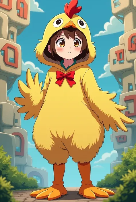  Screenshot of  "My héroe academia" From a young woman, short curly brown hair ,  brown eyes,  is wearing a chicken bed costume,  full body, map animation style. (Boku no Hero Academia)
Bonos studios 