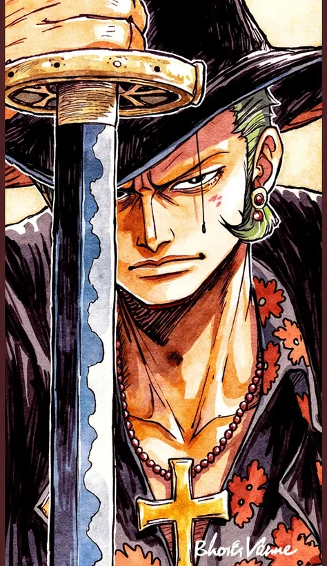 One piece anime, Watercolor art style, Anime 4k, Roronoa Zoro, Anime Screencap, Illustration, no backround, Neck and Head