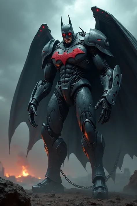 Design a hybrid creature combining the war robot and Batman into one seamless, monstrous entity. This fusion should have the dark, intimidating presence of Batman with elements of the war robots cold, metallic appearance. The creature should have a bat-lik...