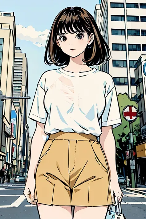 masterpiece、high quality,One girl,alone,Intersection in front of the station, Baggy white T-shirt, Beige wide silhouette bottoms, Tuck the bottoms of your tops into your bottoms, Super huge breasts