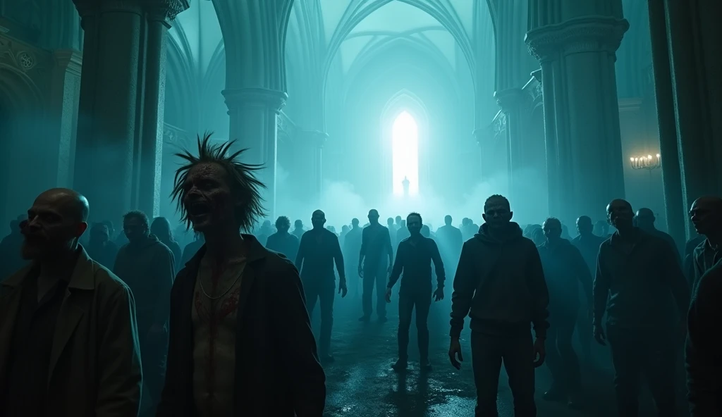 inside of gothic church, Zombies looking into the camera, rotting faces with rotting flesh in the crowd go wild female and male—some headbanging, rotting flesh,   towering spires cracked and partially collapsed.  a sinister glow emanates from within the ch...