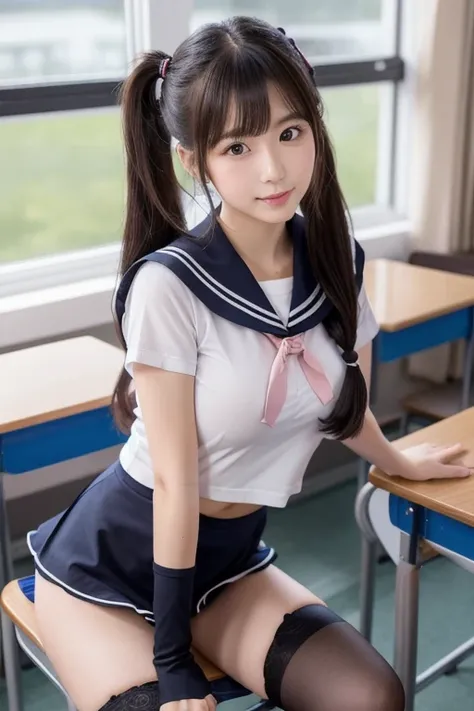  1 woman,  High Resolution ,  long hair, 1 woman with perfect boobs , Twin ponytails,  sailor suit，Wear black stockings， changes sailor suit in classroom， pink lace semi-underwear in the classroom