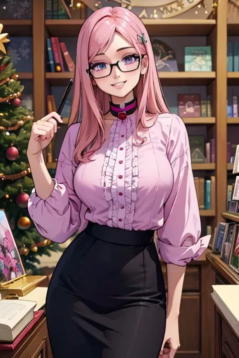 Perfect face. Perfect hands. A pink haired woman with violet eyes with an hourglass figure with glasses in a blouse and pencil skirt is decorating a Christmas tree in  a book shop that is decorated for Christmas with a big smile