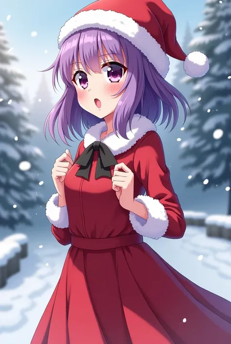 (BelleWaifu:1), (red santa claus hat:1.5), Snow in the background, Surprised, Cute, cute pose, looking at the viewer, (Square hairstyle), (purple hair), (red skirt:1.2), :d, (Realistic: 1), (cartoony), (Masterpiece: 1.2), (Best Quality), (over-detailed), (...