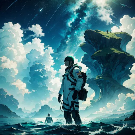 Astronaut and whale at the bottom of the sea, facing forward, dark sea with green tones, same as the reference image, keep reference image sizes, do not alter sizes