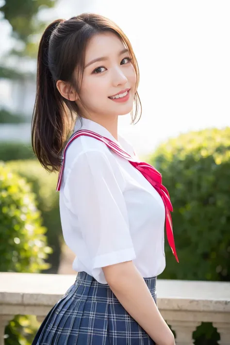 (A stunning Japanese-Korean lady, posing naturally at a Earth Conservation event, wearing a traditional Serafuku, Seifuku, tight white shirt, white blouse button-down, translucent short-sleeve, plaid skirt, form-fitting pleated skirt, red ribbon bow tie, s...