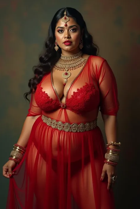 Indian curvy, fatty ,skinny colour bhabhi, realistic photo, wearing mini red transparent dress ,all indian ornaments like ,gold chain,gold necklace, Beads Ball Chain Nose Ring (Nath)
 nose stud ,auspicious thread in Necklace, Armlet, bangles,red sindur on ...