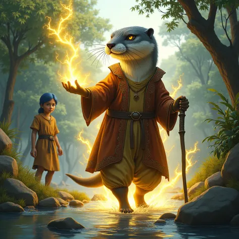  Highly detailed and very beautiful digital art , unrealistic illustration ,  digital painting .  The scene portrays a magical otter ,  dressed in the clothes of a medieval wizard ,  walking on your two back legs ,  with a dignified and imposing posture . ...