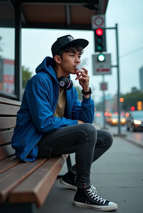 Young Indonesian rocker style wearing a snapback hat holding a cigarette ((blowing smoke)), wearing a blue jacket, T-shirt and tight jeans, sitting in a shelter near a traffic light and sign, low angle camera shot, neon light headphones around his neck, we...