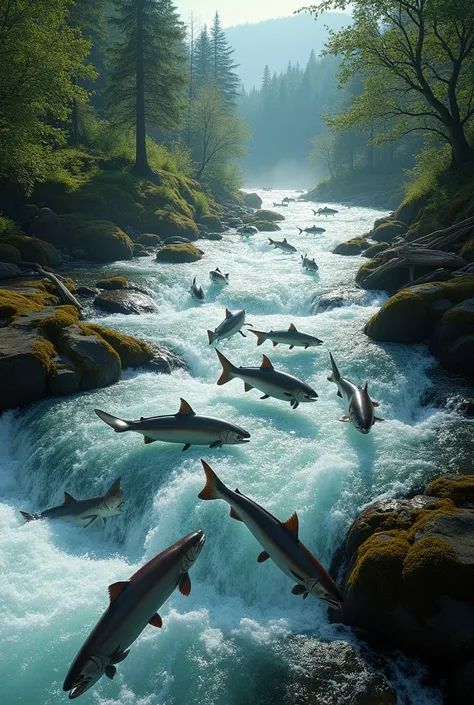 Raise thousands of salmon in a river