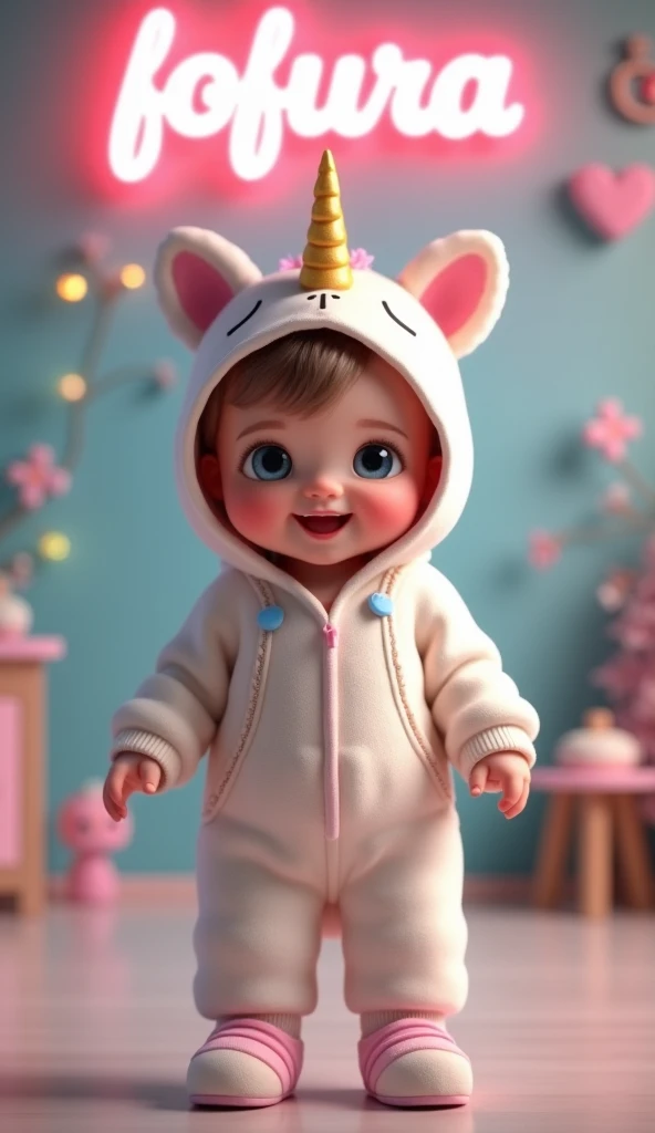 A baby standing completely facing forward in a unicorn-inspired outfit, with light-colored overalls, hood with cute unicorn nose, ears and horn, the baby is smiling and in a cute pose. The background is decorated with defocused colored lights and delicate ...