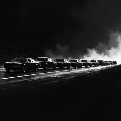 A pure black background generates a black and white silhouette. A series of car accidents on the road. There are 10 cars driving in one direction and colliding one after another.