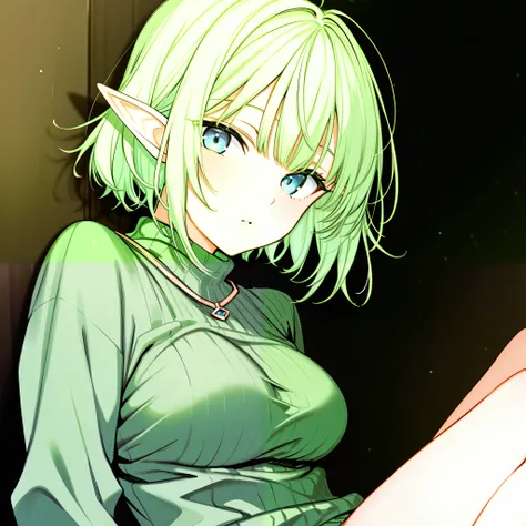 1girl, solo, breasts, looking at viewer, short hair, bangs, blue eyes, long sleeves, light green hair, pointy ears, green sweater, bare legs, elf,