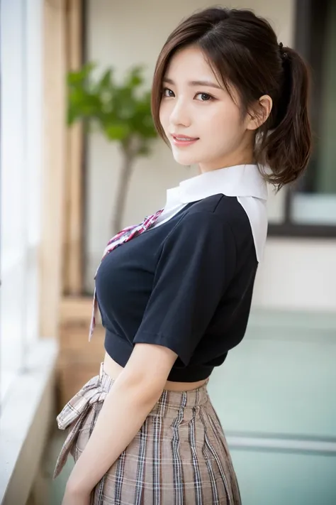 (A stunning Japanese-Korean lady, posing naturally at a Earth Conservation event, wearing a traditional Serafuku, Seifuku, tight white shirt, white blouse button-down, translucent short-sleeve, plaid skirt, form-fitting pleated skirt, red ribbon bow tie, s...