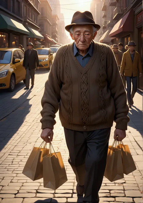 Here’s a detailed prompt for generating the scene:  

**Prompt:**  
"An emotional moment capturing an elderly man struggling to carry heavy grocery bags across a busy urban street. The man, dressed in a worn-out sweater and hat, looks frail yet determined ...