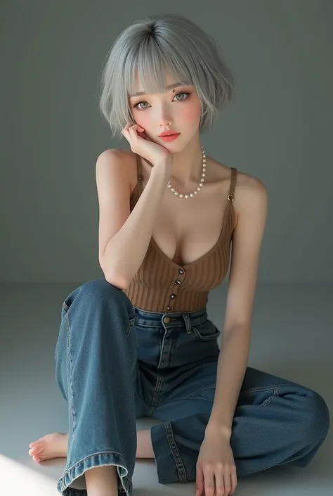 (8k, Photorealistic, Original photo, Highest quality: 1.4),Japanese idol-style beautiful girl,1,Model,1 person,(Short Bob),(Silver Hair),She has her hair tucked behind her ears,Clear grey eyes,Long eyelashes,(piercings(small)),(Lip gloss),lips(Plump,glossy...