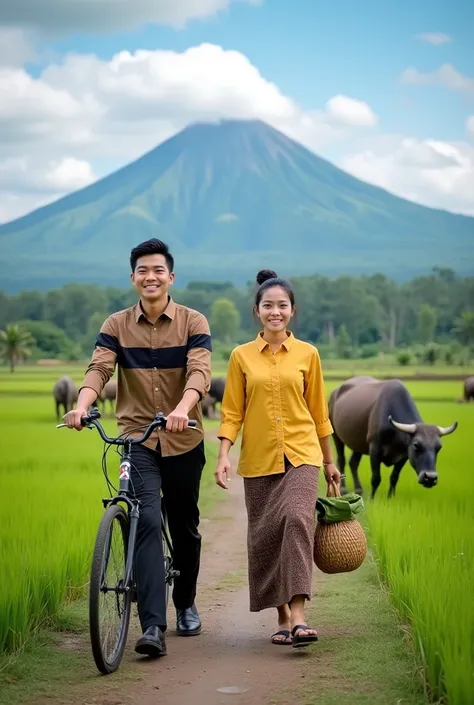 A romantic couple portrait set in a beautiful village landscape:

A young Asian man with neatly styled short hair is smiling warmly at the camera. He is wearing a long-sleeved shirt with brown and black stripes, paired with formal black trousers and black ...