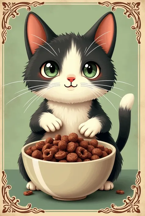  Create an image of a design for a cereal box  ,
, these are the characteristics that  : 
. They are inspired by my cat  ,  have to carry, so in some places the range of colors will have to be green like his eyes, gray, dark like his hair and creamy white ...